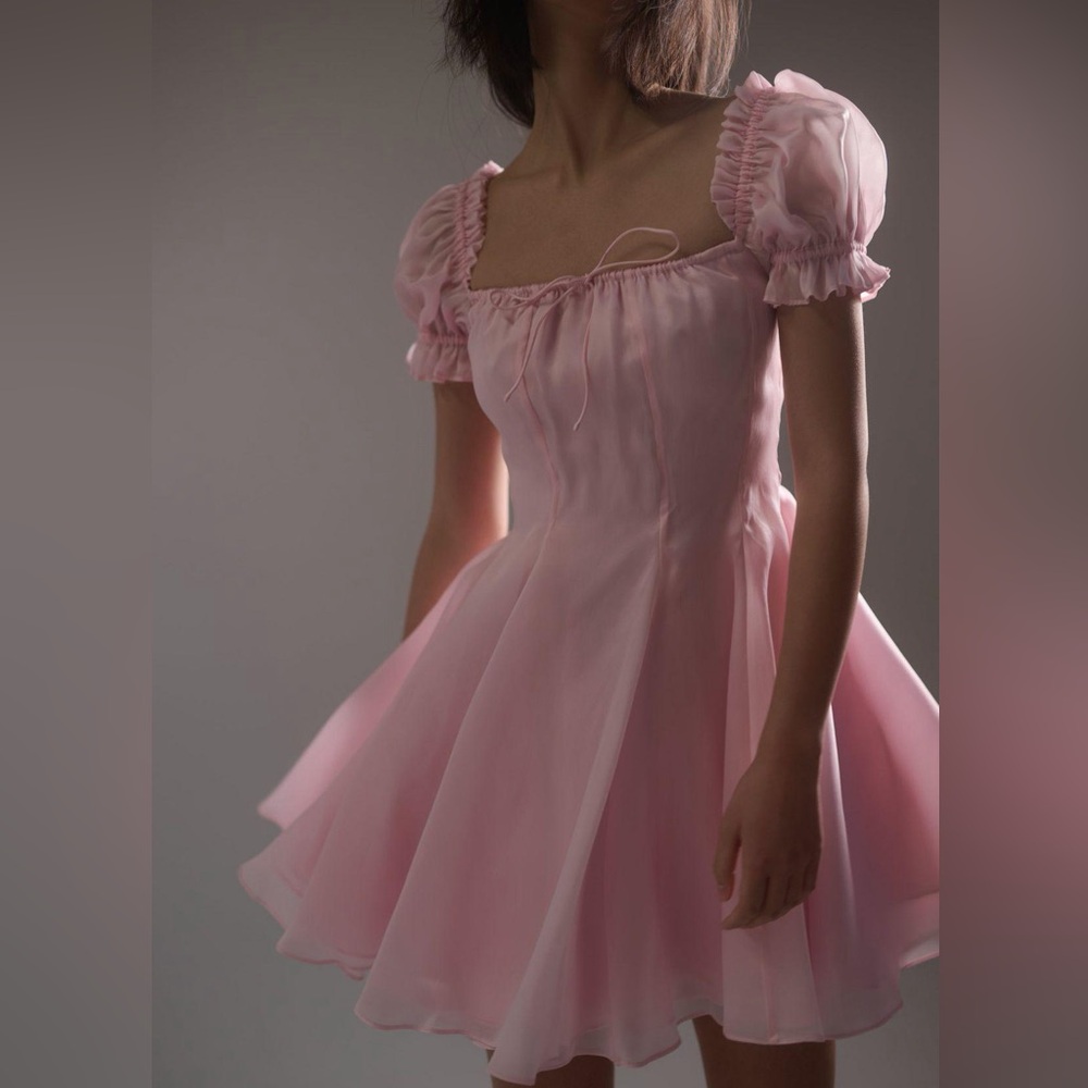 Selkie Soft Pink Puff-Sleeve Mini Dress-100% silk